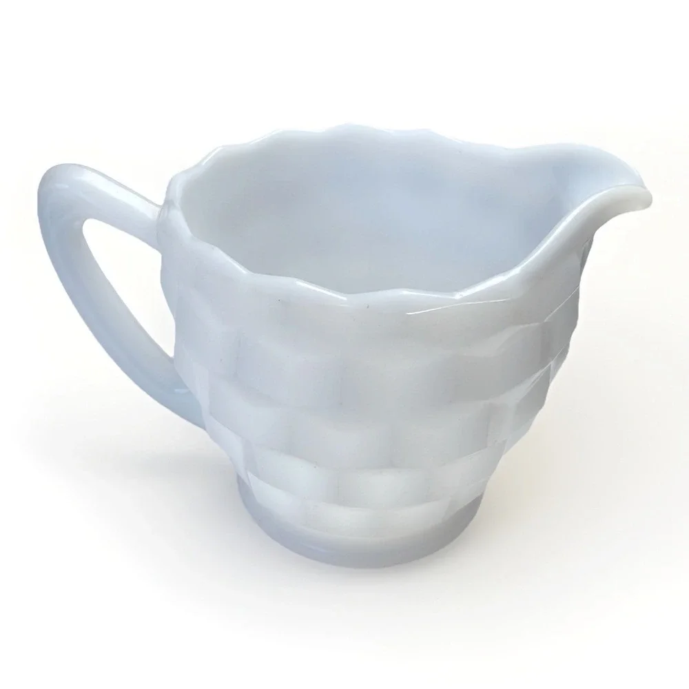 Anchor Hocking Milk Glass Creamer Cube Cut‎ Farmhouse Decor Cottagecore Vintage
